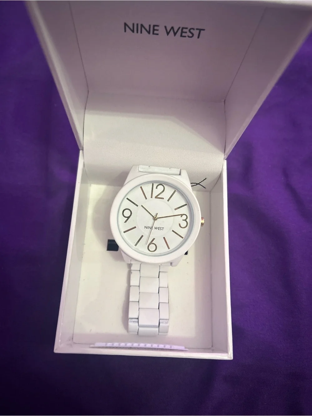Nine West White and Gold Women's Round Link Bracelet Watch